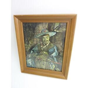 Vintage Oil Painting Art Framed  Man Holding Sword Folk Art Korean